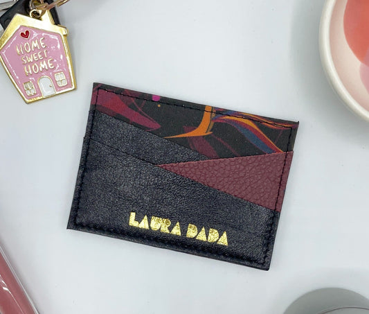 Portacarte, stampa Sterlizie nera e pelle nera e Borgogna