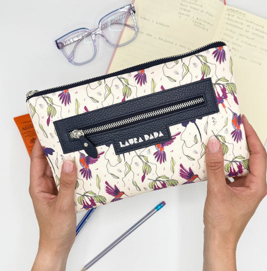 Pochette WONDER midi blu notte e stampa Colibrì
