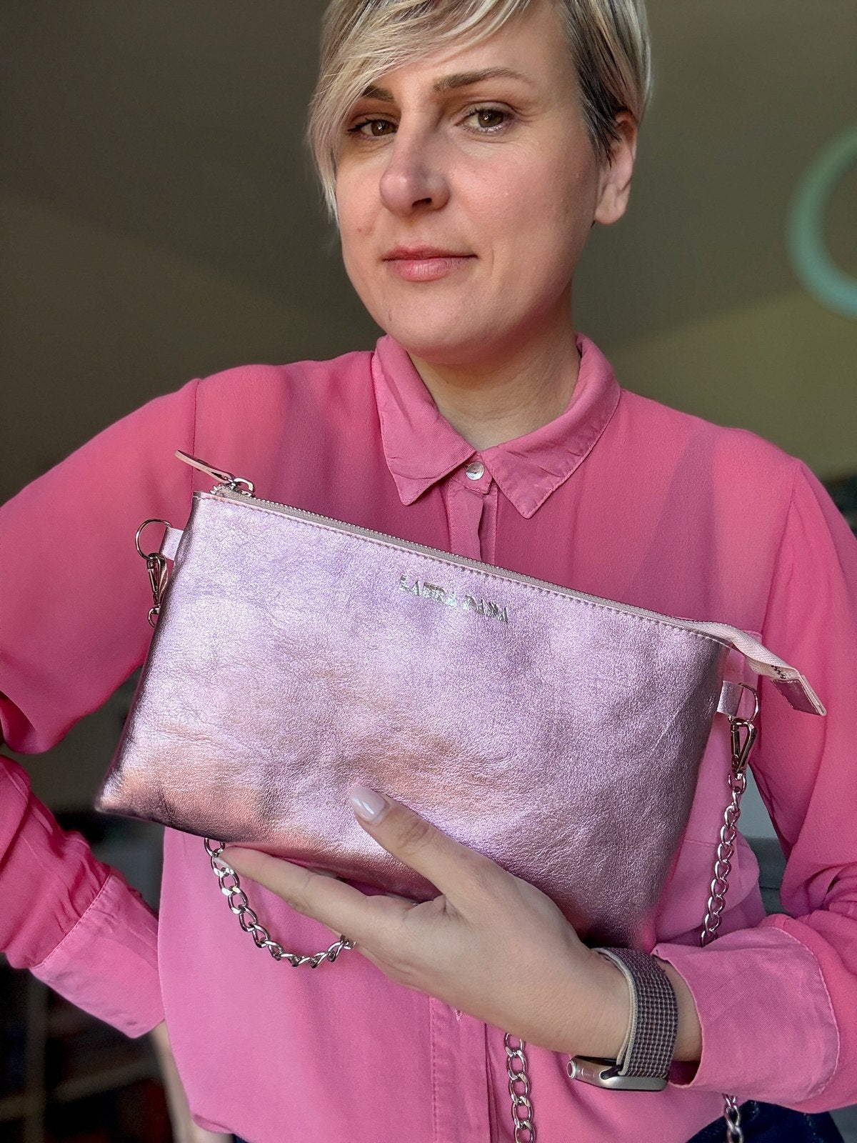 FUTURA: tracolla catenella vera pelle Laminato pink