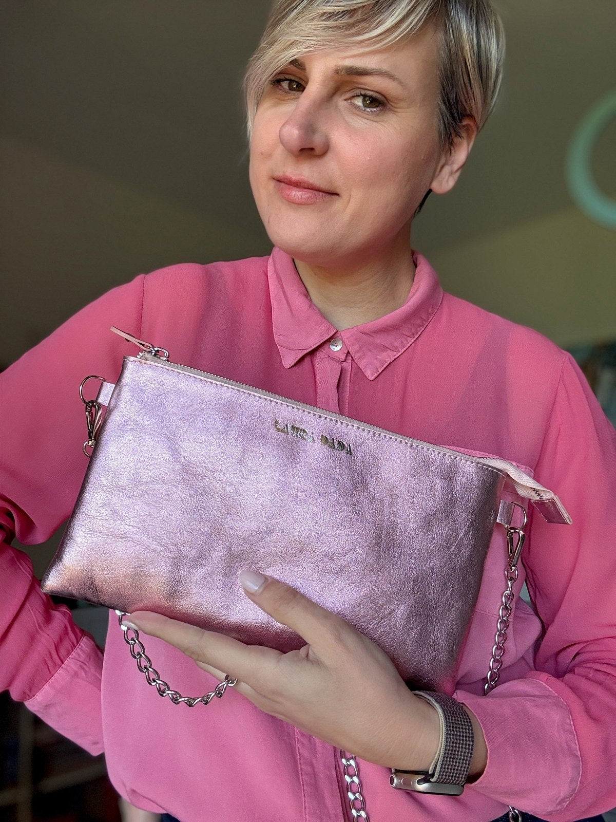 FUTURA: tracolla catenella vera pelle Laminato pink