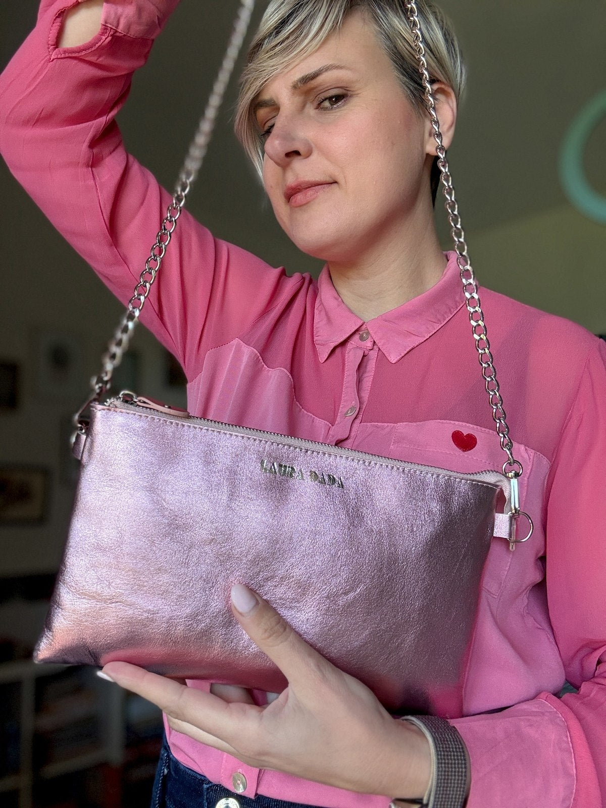 FUTURA: tracolla catenella vera pelle Laminato pink