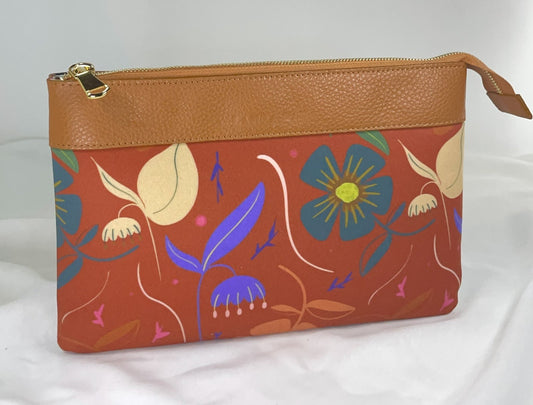 Pochette WONDER midi vera pelle cuoio e pattern FLOWER POWER
