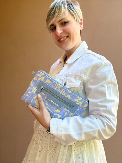 FUTURA: tracolla catenella stampa Futurismo giallo burro e pelle azzurro glicine