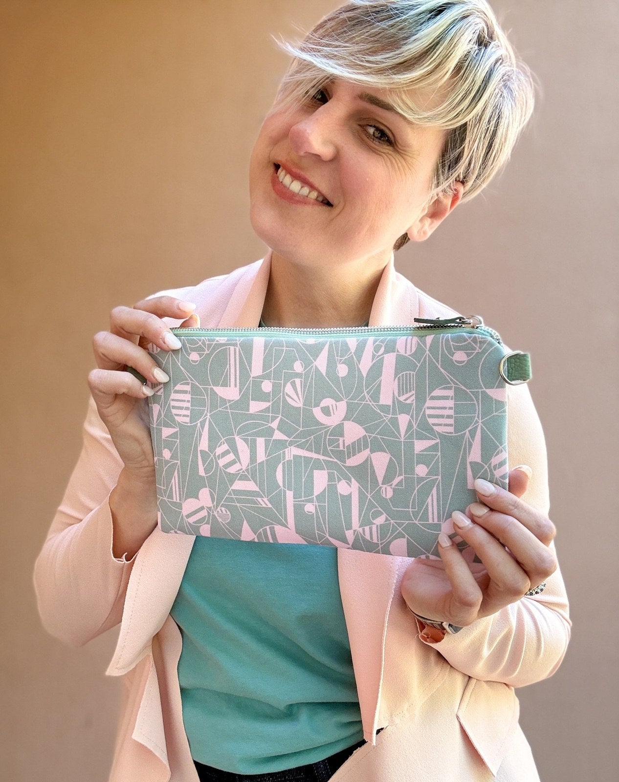 FUTURA: tracolla catenella stampa Futurismo baby pink e pelle salvia