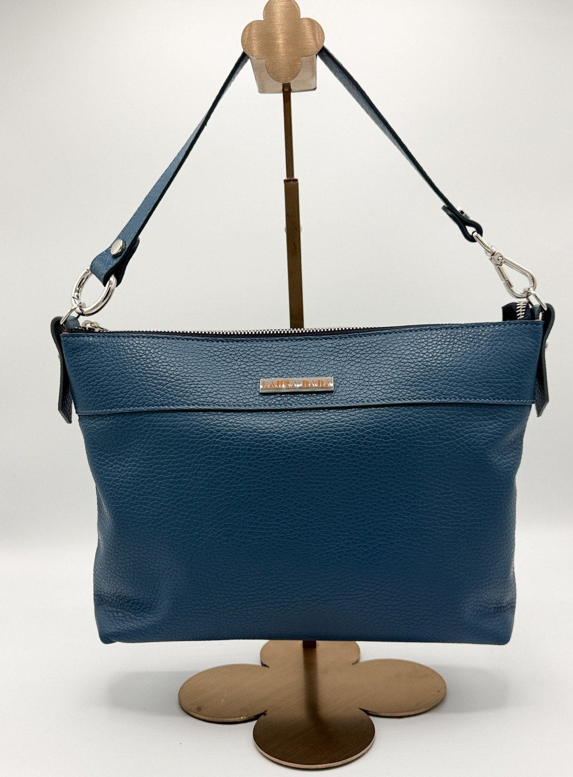 Tracolla MONDRIAN 4in1 monocolore in pelle blu pavone - stampa interna