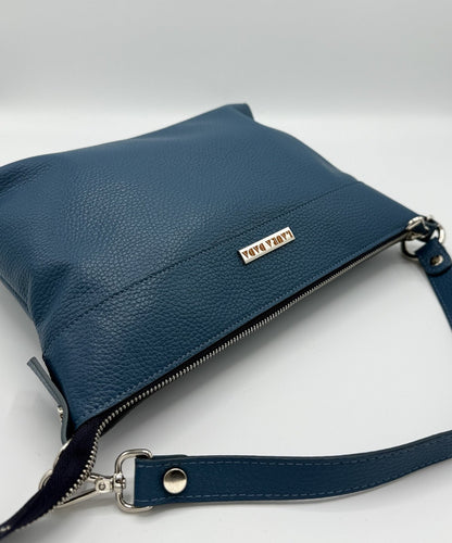 Tracolla MONDRIAN 4in1 monocolore in pelle blu pavone - stampa interna