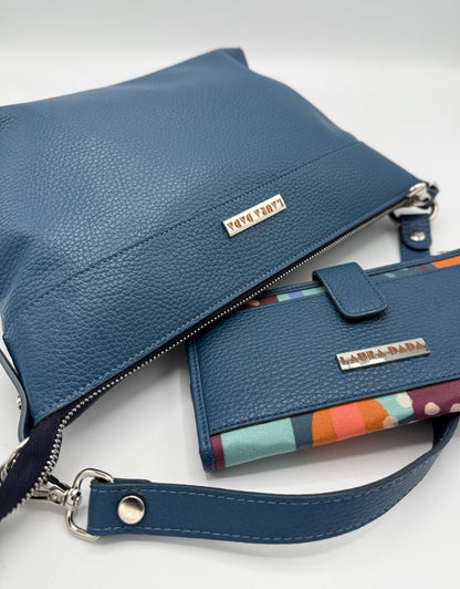 Tracolla MONDRIAN 4in1 monocolore in pelle blu pavone - stampa interna