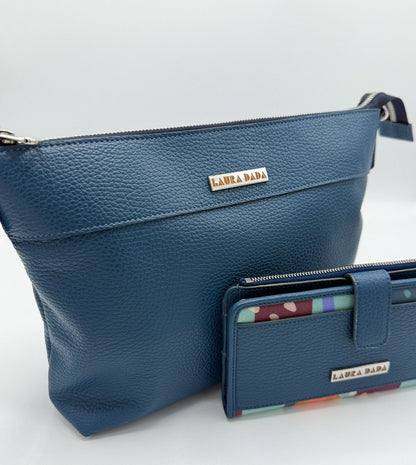 Tracolla MONDRIAN 4in1 monocolore in pelle blu pavone - stampa interna