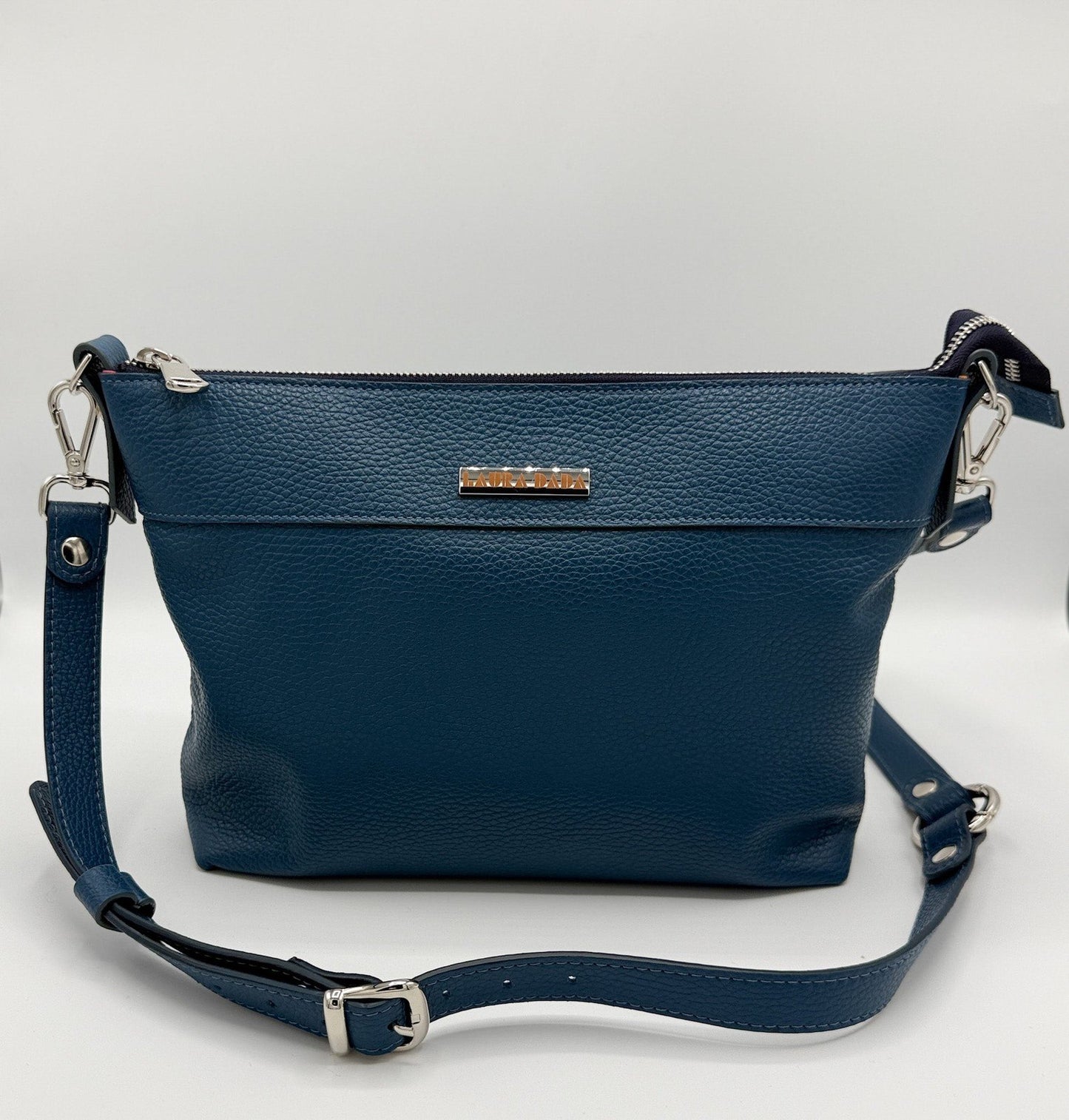 Tracolla MONDRIAN 4in1 monocolore in pelle blu pavone - stampa interna